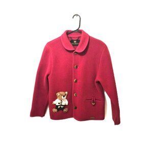 VTG Giesswein Red Wool Cardigan Teddy Bear Appliqué Austria Whimsical Storybook